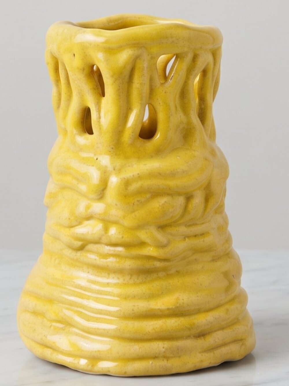 Handmade Yellow Drip Glaze Basket Ceramic Vase / Sculptural Art Pottery - Signed